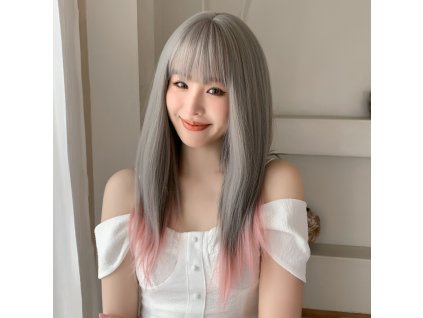 Popelavě šedá dlouhá paruka Esmeralda s růžovými konečky a jemnou ofinou