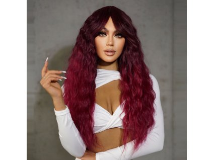 Rubínově červená dlouhá vlnitá paruka Ruby s tmavými kořínky
