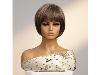 Krátká hnědá paruka z pravých a umělých vlasů Bobi s lehkým melírováním