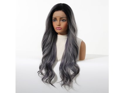 Šedo-fialová paruka Nyx s tmavými kořínky a se síťkou (lace front)
