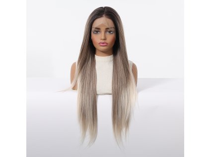 Extra dlouhá rovná popelavá blond paruka Lorelei s přirozeným ombré efektem a se síťkou (lace front)