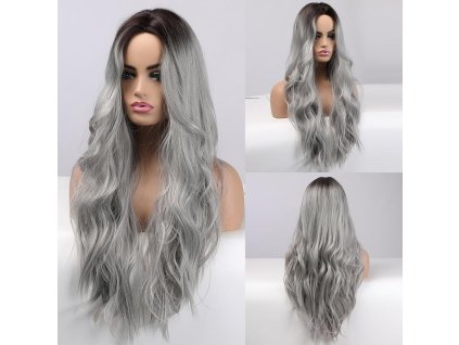 Šedá vlnitá paruka Davina s tmavými kořínky, LC343