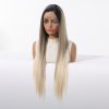 Extra dlouhá rovná studená blond paruka Celestine s kontrastními tmavými kořínky se síťkou (lace front)