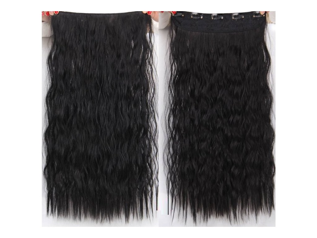Vlasy clip in 130 g - černé vlasové příčesky vlnité 55 cm