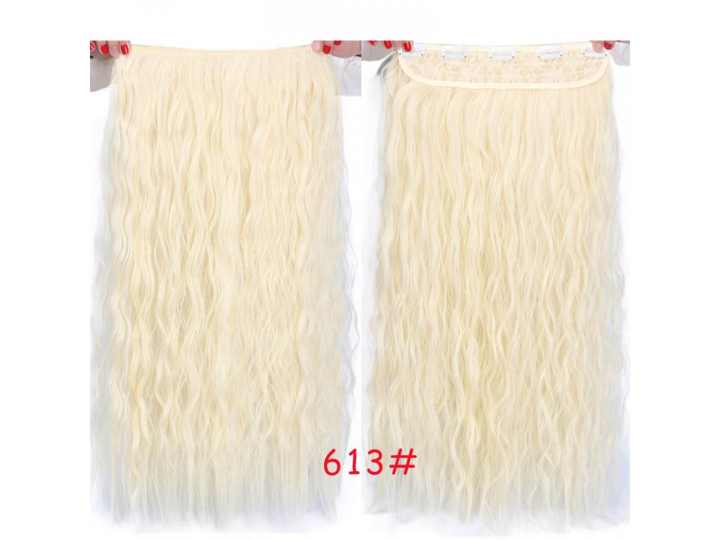 Vlasy clip in 130 g - bílé lesklé vlasové příčesky vlnité 55 cm