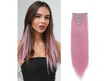 Vlasy clip in 7 pásů - světle růžové vlasové příčesky rovné 50 cm