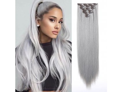 Vlasy clip in 7 pásů - leskle šedé příčesky rovné 50 cm