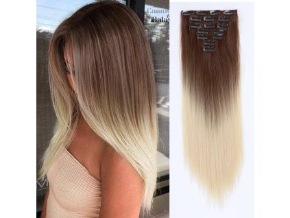 Vlasy clip in 7 pásů - platinová blond ombré vlasové příčesky rovné 40 cm