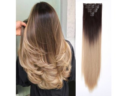 Vlasy clip in 7 pásů - medová blond ombré vlasové příčesky rovné 60 cm
