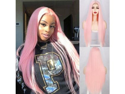 Dlouhá pastelově růžová paruka Gladys se síťkou (lace front)