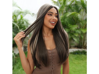 Dlouhá tmavě hnědá paruka Ramona s melíry