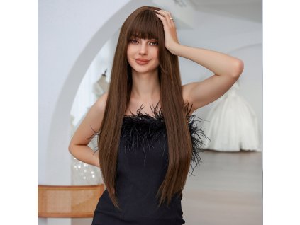 Extra dlouhá hnědá rovná paruka Elisabeth s ofinou