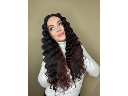 Dlouhá kudrnatá paruka Mera černá s melírem a se síťkou (lace front)