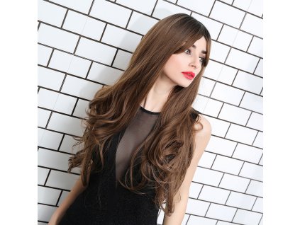 Dlouhá čokoládově hnědá paruka Barbara s tmavými kořínky
