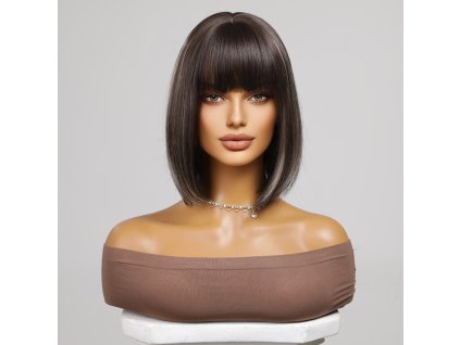 Elegantní tmavě hnědá mikádo paruka Kim s blond melíry a ofinou