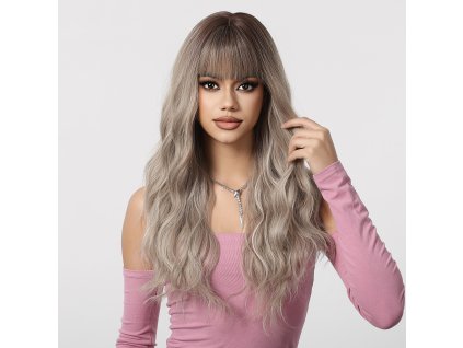 Dlouhá popelavě hnědá vlnitá paruka Anastasia tmavším odrostem