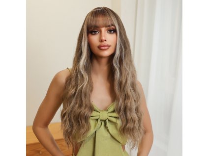 Dlouhá vlnitá paruka Hazel v hnědé barvě se světlými pramínky