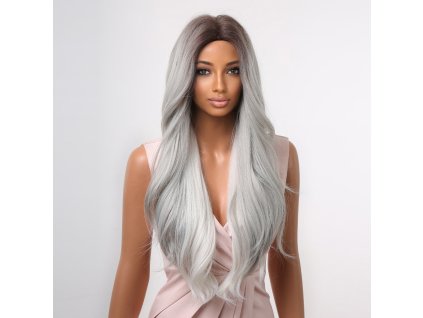 Dlouhá ledově stříbrná paruka Harmonie s tmavým přechodem