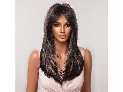 Hnědá rovná paruka Holy s růžovými melíry