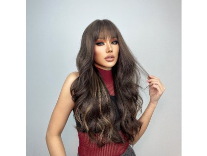 Čokoládově hnědá dlouhá paruka Isabelle s jemnými melíry a plnou ofinou