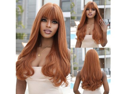 Hustá karamelově hnědá paruka Lucy s jemnými vlnami a plnou ofinou