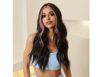 Ebenově hnědá vlnitá paruka Sára s růžovým melírem