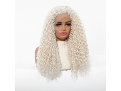 Ledově bílá kudrnatá paruka Celestine s objemem a se síťkou (lace front)