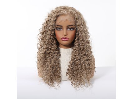 Popelavě blond kudrnatá paruka Vivienne s plážovým objemem a se síťkou (lace front)