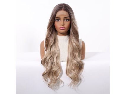 Dlouhá smetanová blond vlnitá paruka Elowen s přirozeným stínováním a se síťkou (lace front)