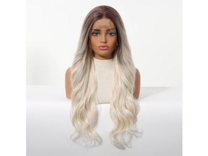 Dlouhá platinová blond vlnitá paruka Ewa s přirozeným stínováním a se síťkou (lace front)
