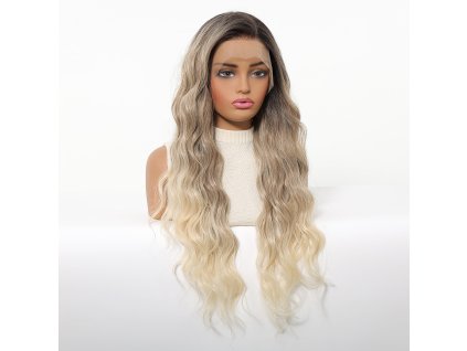 Dlouhá ombré blond vlnitá paruka Seraphina s tmavými kořínky a se síťkou (lace front)
