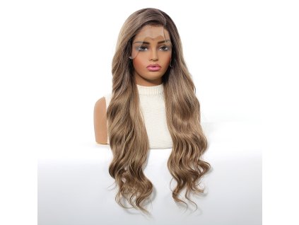 Extra dlouhá zlatavě hnědá vlnitá paruka Andy se síťkou (lace front)