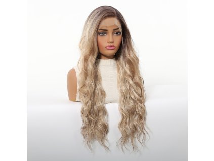 Pískově blond paruka Solene s vlnami a teplým přechodem od kořínků a se síťkou (lace front)