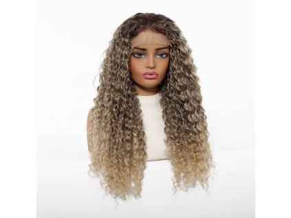 Karamelově hnědá kudrnatá paruka Elira s blond konečky a se síťkou (lace front)