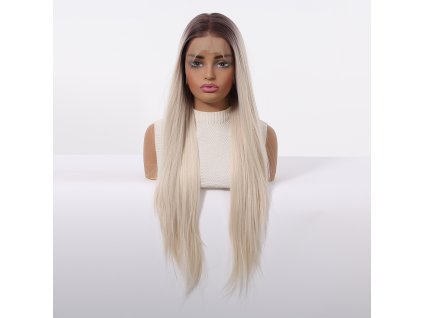 Extra dlouhá rovná ledová blond paruka Calipso s ombré a se síťkou (lace front)