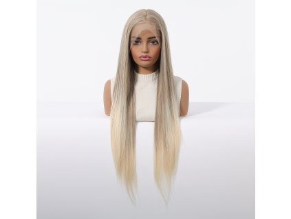 Extra dlouhá rovná popelavá blond paruka Erin se světlými konečky a se síťkou (lace front)