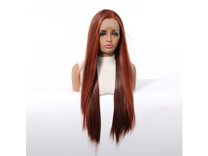 Extra dlouhá rovná měděně červená paruka Elen se síťkou (lace front)