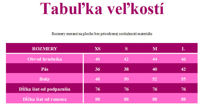 veľkostná tabuľka plažových šiat