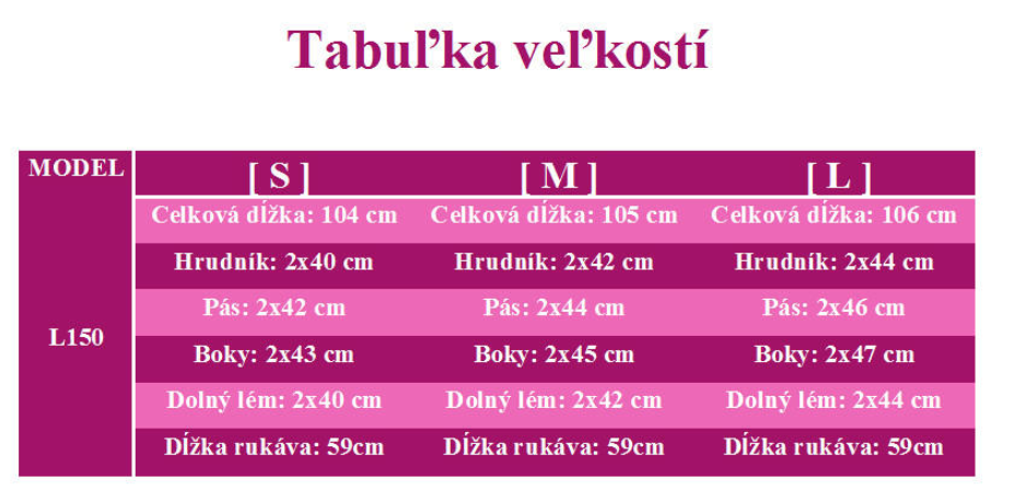 veľkostná tabuľka sivých bavlnených šiat L150
