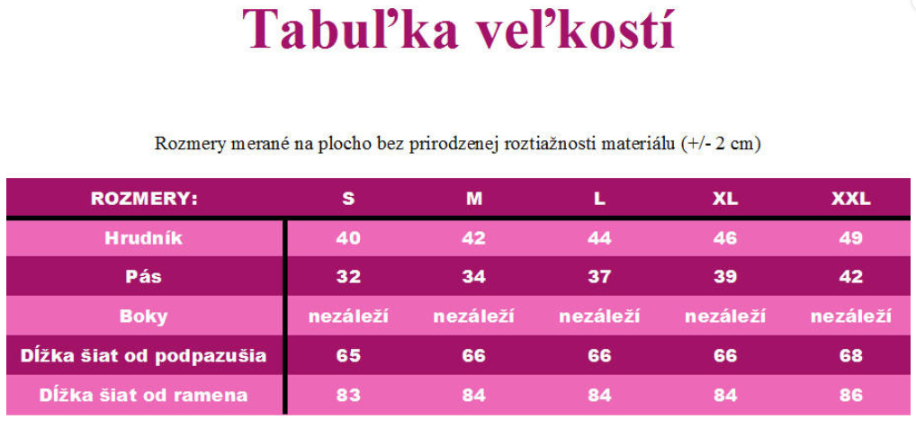 veľkostná tabuľka šiat so zipsom