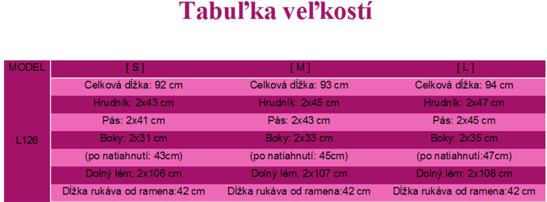 veľkostná tabuľka sivých šiat L126