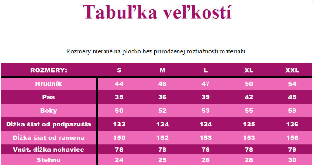veľkostná tabuľka dámskeho overalu 95-3