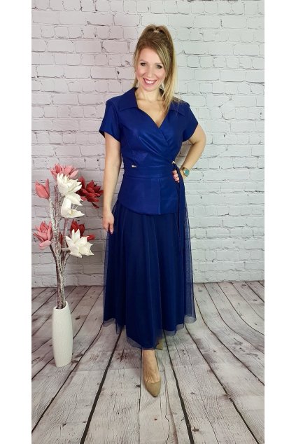 Modré jemne trblietavé šaty A-strihu