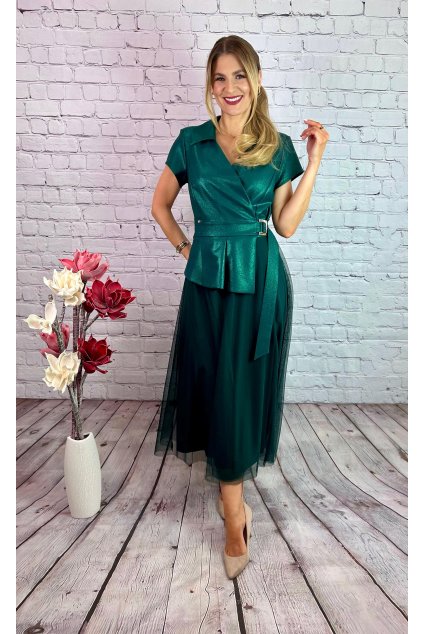 Zelené MIDI šaty s ozdobnou sponou