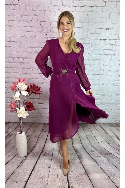 Fuchsiové MIDI šaty s opaskom