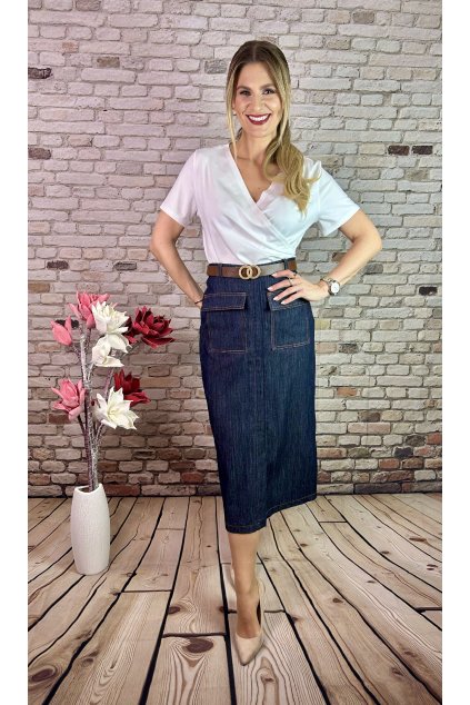 Modrá MIDI sukňa s opaskom