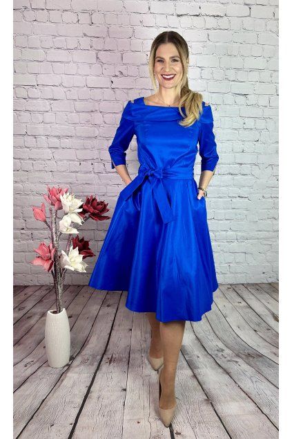 Kráľovskymodré MIDI šaty A-strihu s opaskom