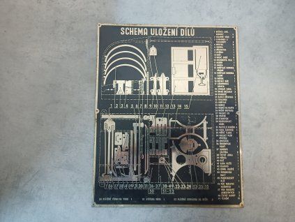 Retro kovová cedule - SCHÉMA ULOŽENÍ DÍLŮ