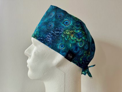 Chirurgická čepice - Paví pera modrá