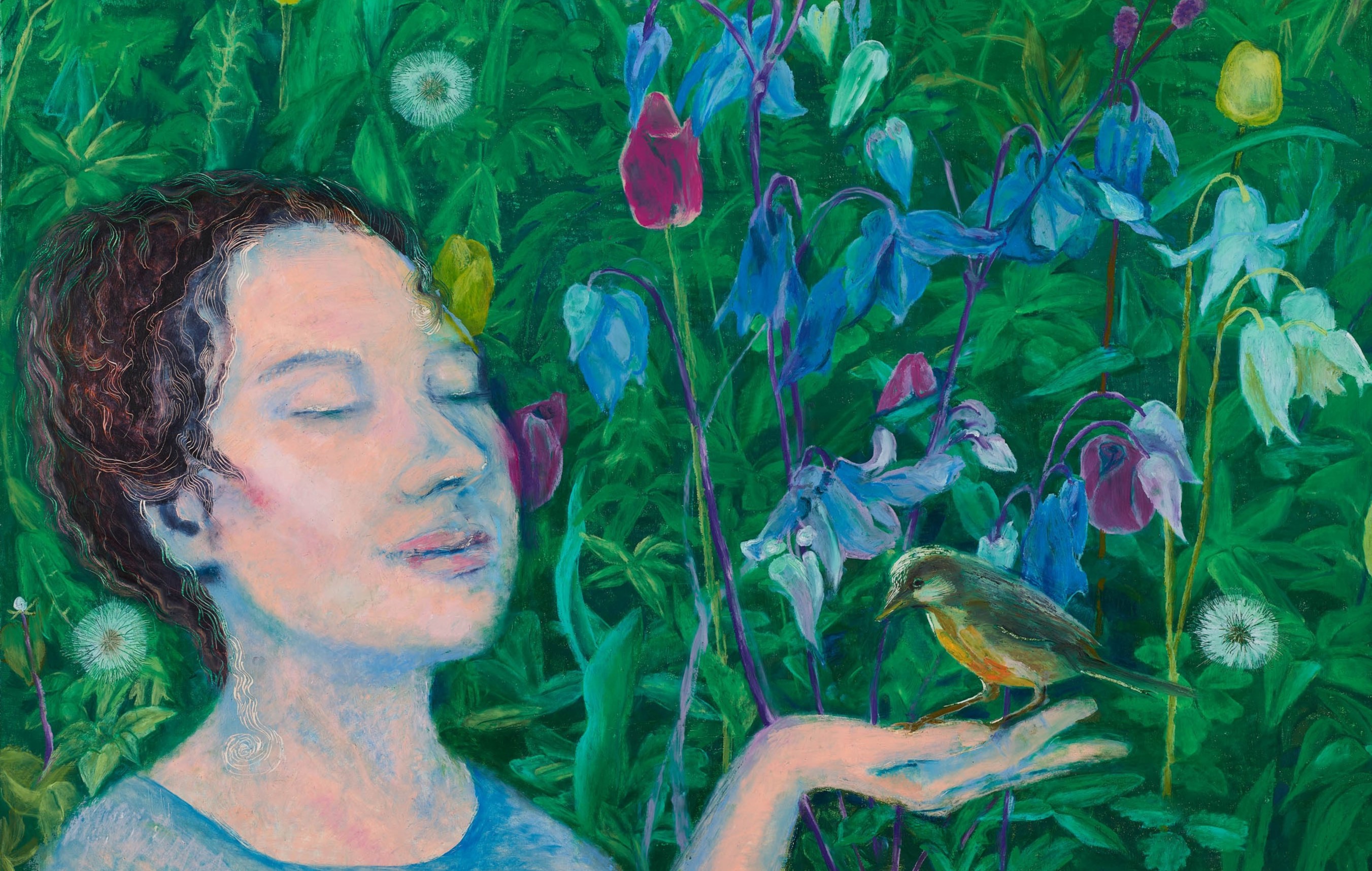 dívka s ptáčkem a louka